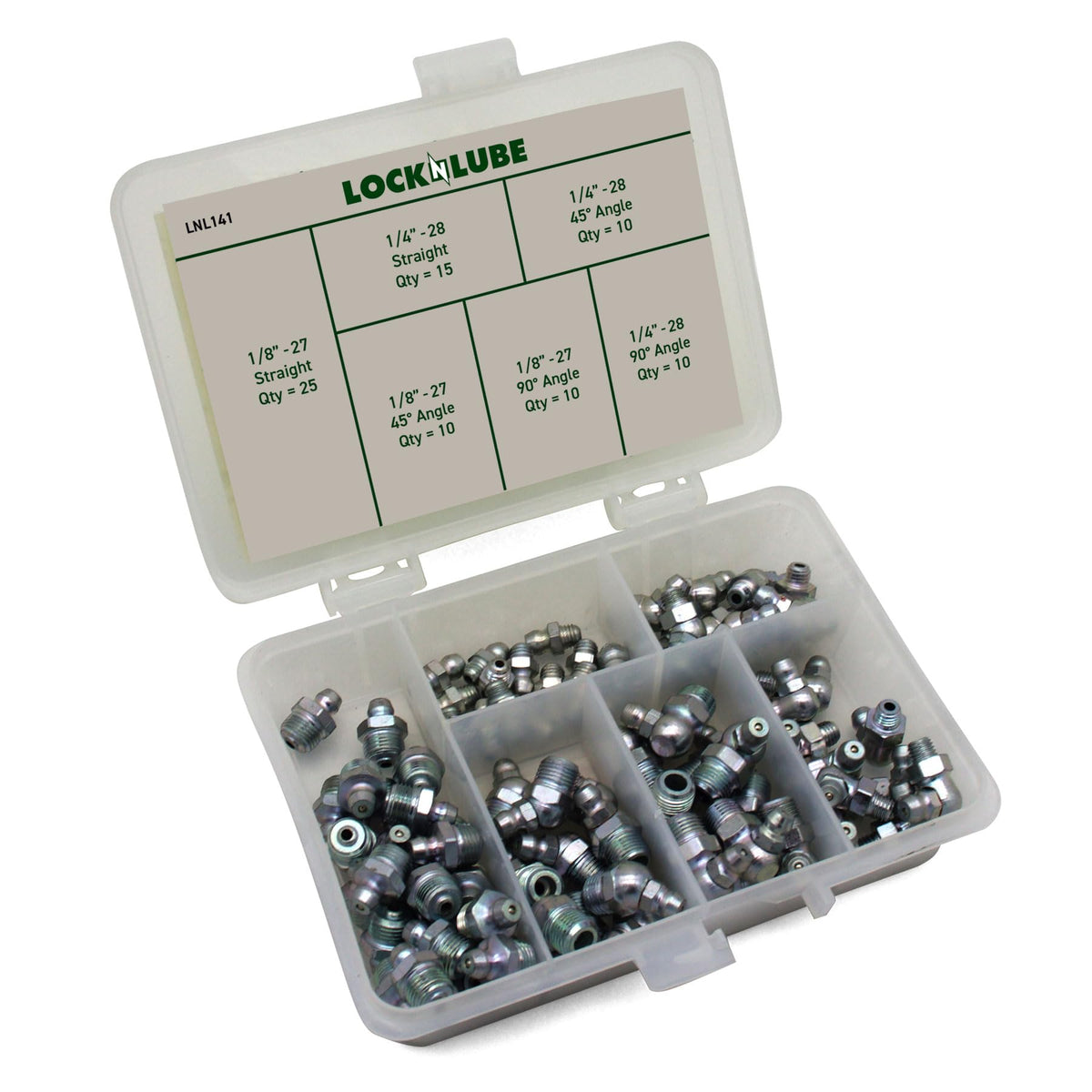 LockNLube open case with organized fittings for fast selection