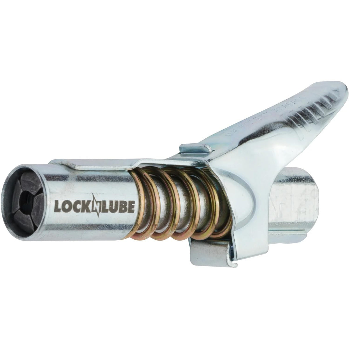 LockNLube thumb lever being pressed for one-hand attach and release benefit