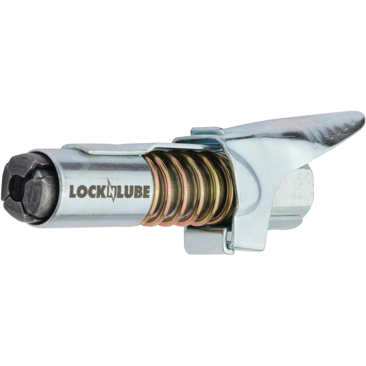 LockNLube connected to a grease gun illustrating hands-free operation and speed