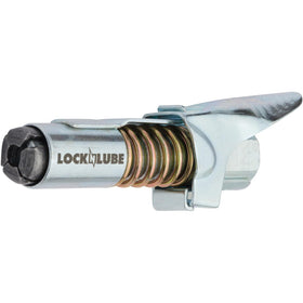 LockNLube connected to a grease gun illustrating hands-free operation and speed