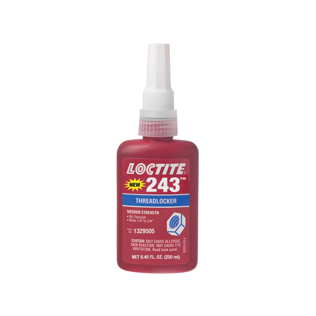 Loctite 243 bottle front view showing label and 250 ml size for reliable thread locking