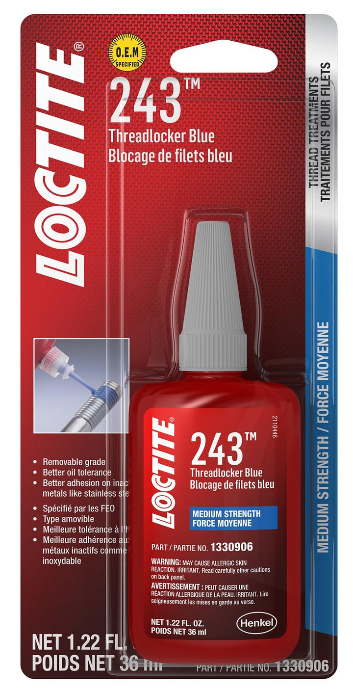 Loctite 243 front label showing product identity and benefits