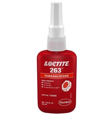 Loctite 263 front label on 50ml bottle showing product and visible red adhesive for quick identification