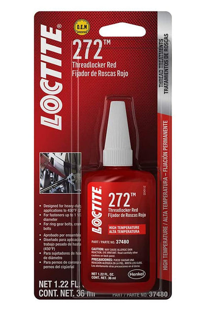 Loctite 272 red bottle front view showing label and precise applicator, ensures reliable fastening