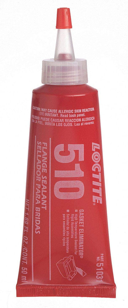 Loctite tube front view showing pink gasket sealant for reliable flange repairs