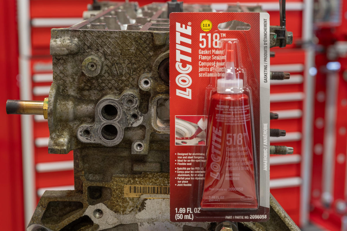 Loctite 518 applied on engine flange showing clean formed-in-place gasket seal