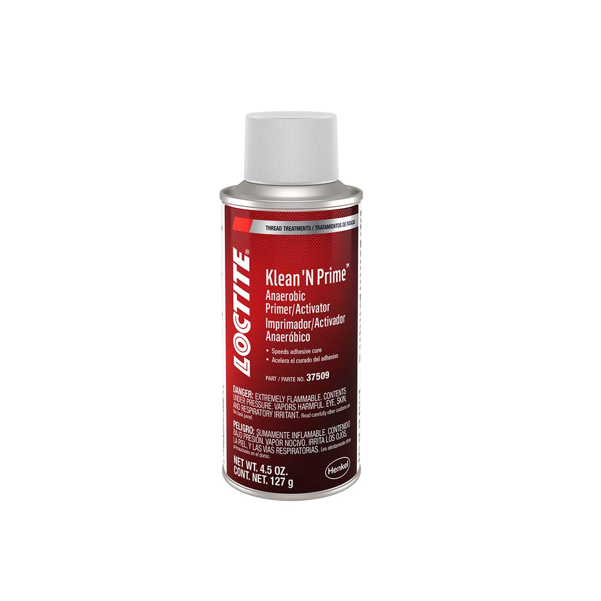 Loctite aerosol front can showing label, brand and product clarity benefit