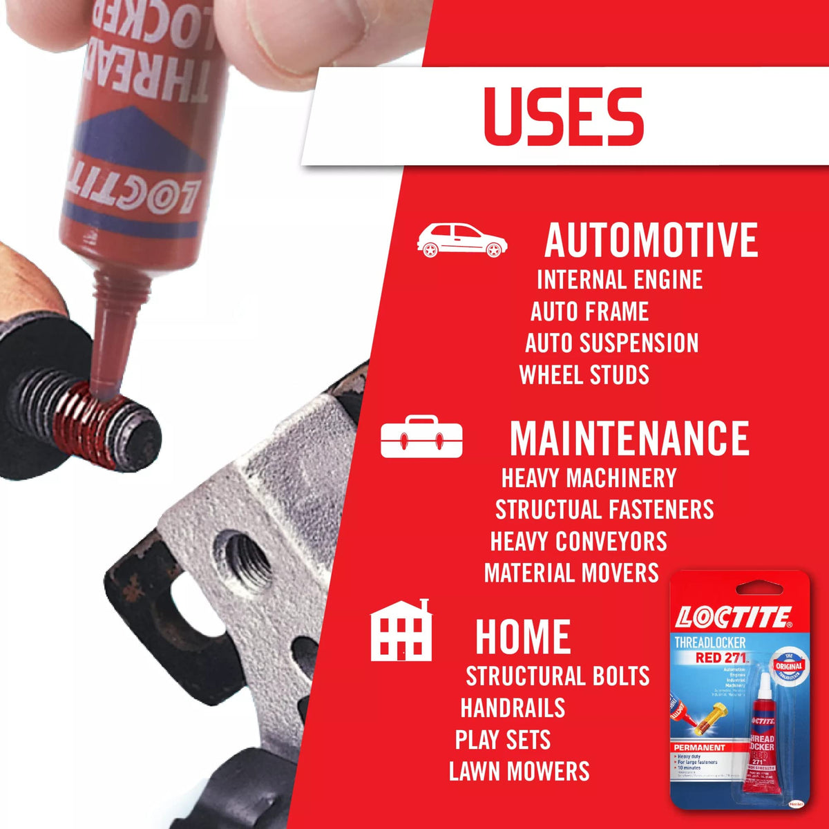Loctite being applied to bolt threads, ensuring strong, vibration-proof bond