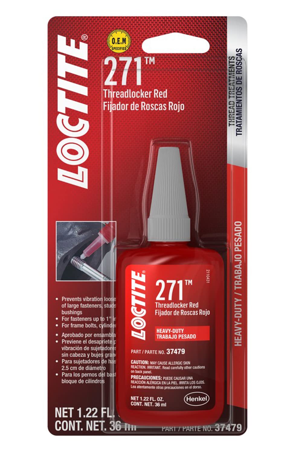 Loctite Red 271 bottle front view showing label and professional-grade benefit