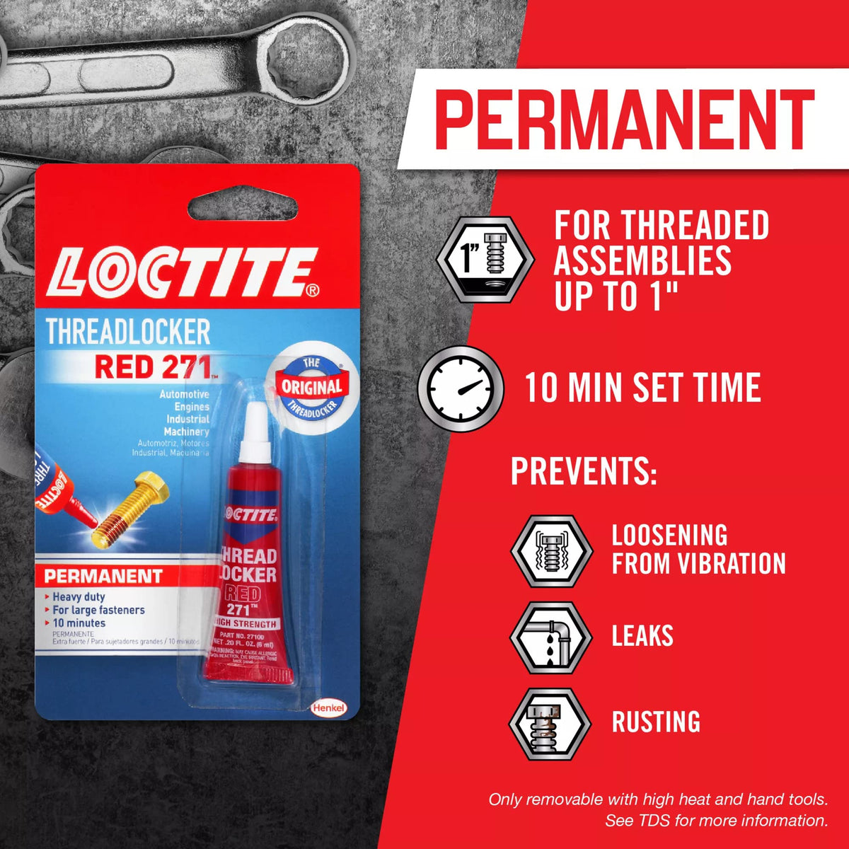 Loctite tube beside 1-inch bolt to show scale, fits large fasteners