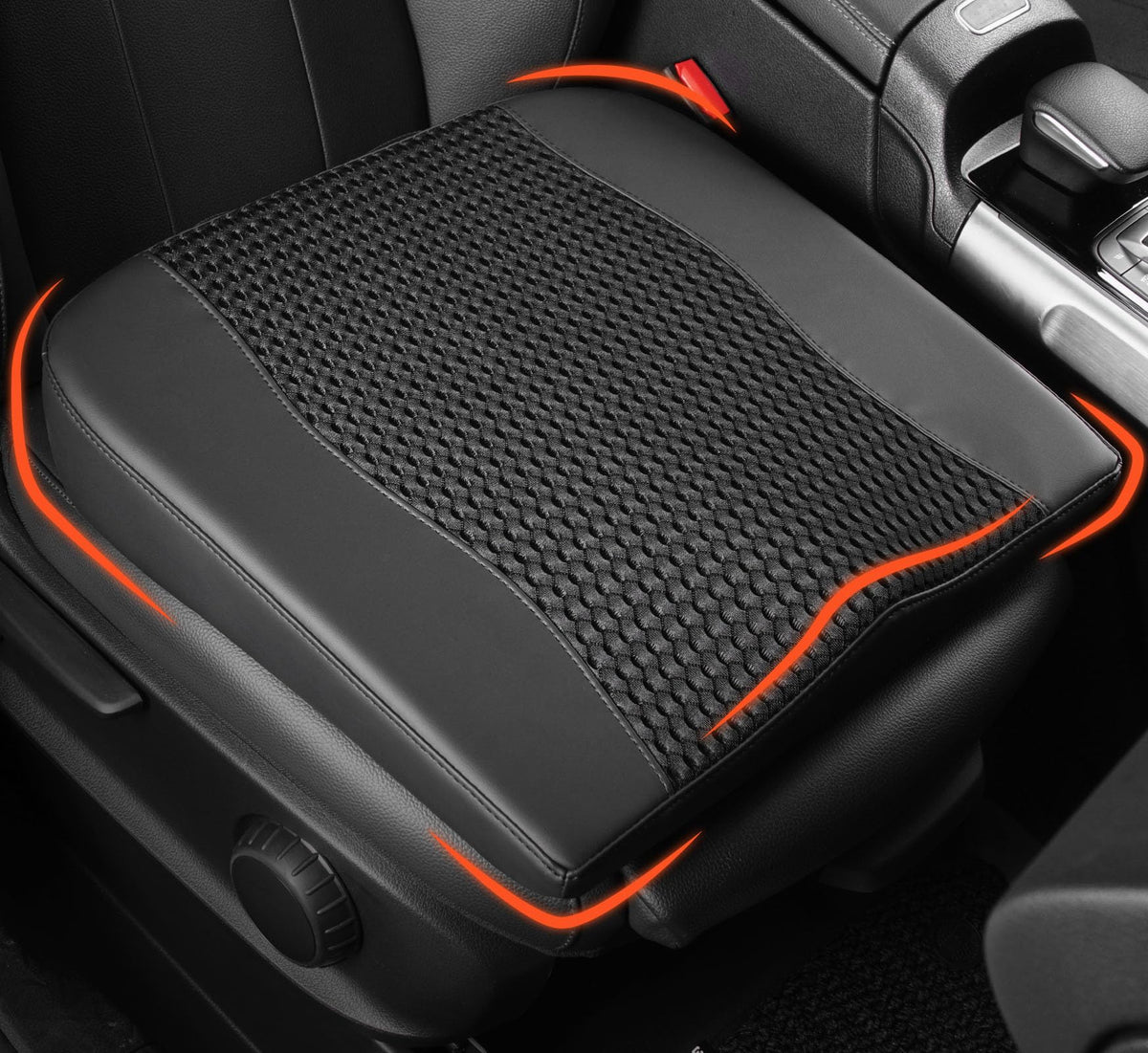 Lofty Aim cushion front view on car seat showing improved comfort and posture