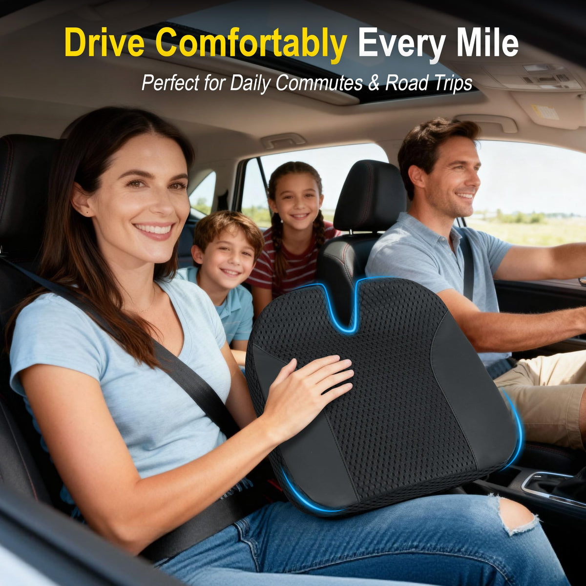 Lofty Aim installed in car driver seat improving posture and visibility