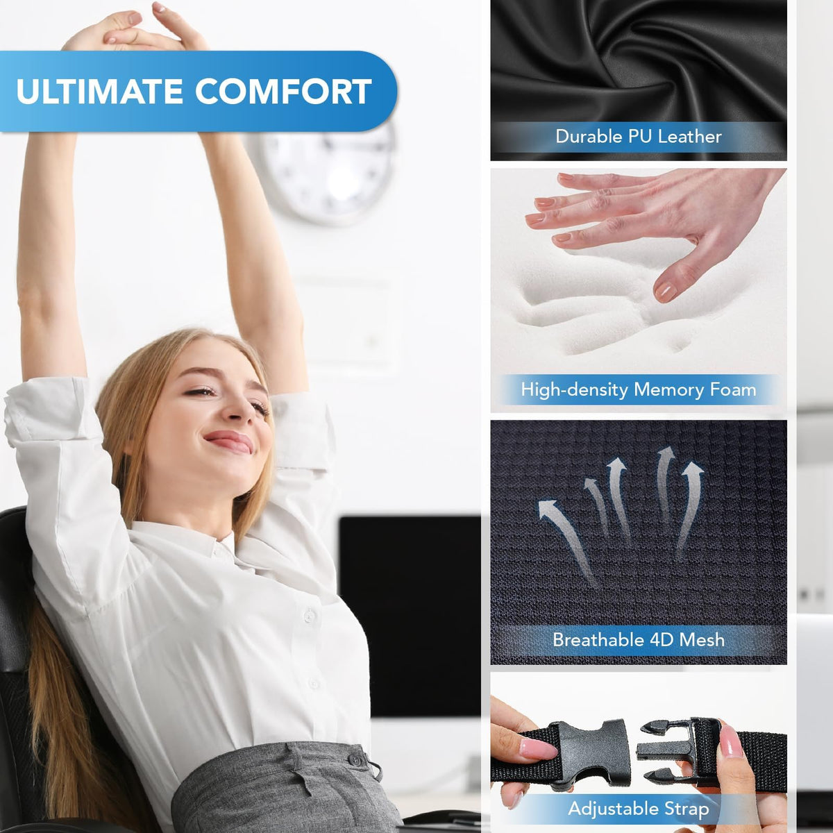 Lofty Aim lumbar pillow on office chair improving seated posture at desk