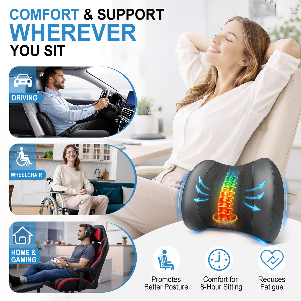 Lofty Aim lumbar pillow next to water bottle for scale and compact size