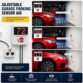 LogicXYZ mounted in a garage guiding a car into a consistent parking position