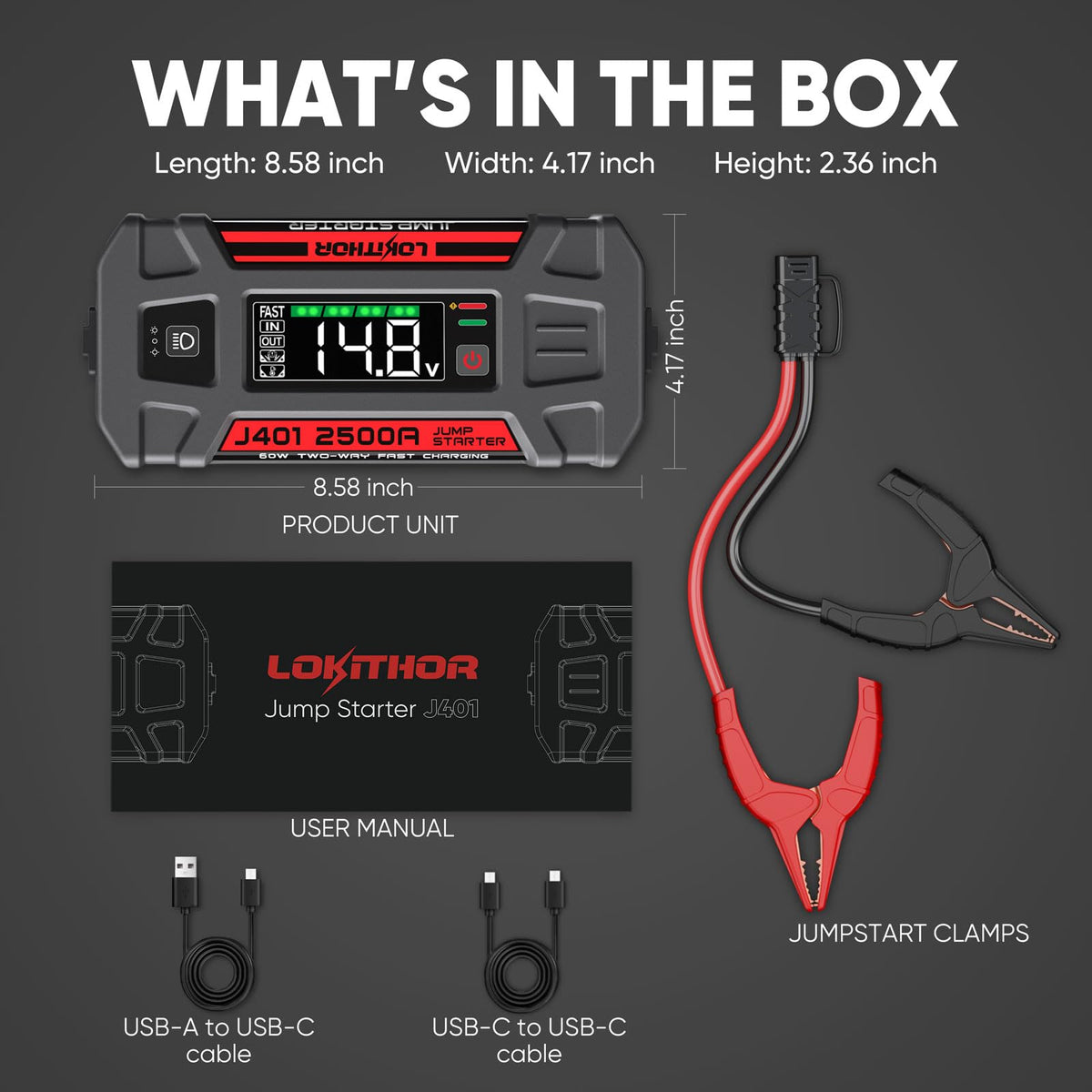 LOKITHOR J401 with included cables and manual showing complete accessory set