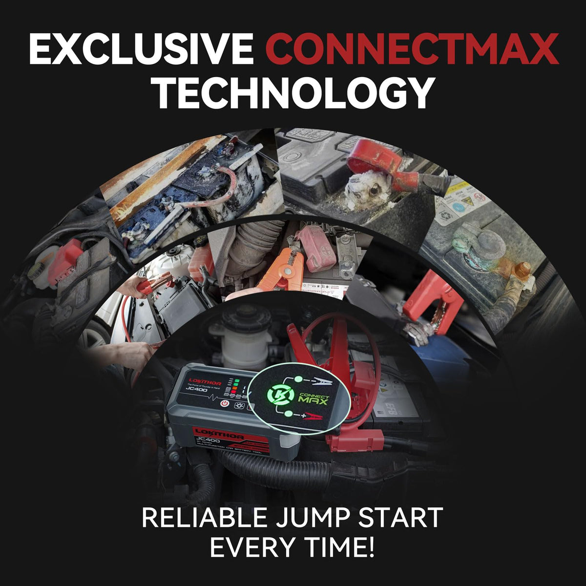 LOKITHOR JC400 connected to car battery demonstrating jump-start capability and reliability
