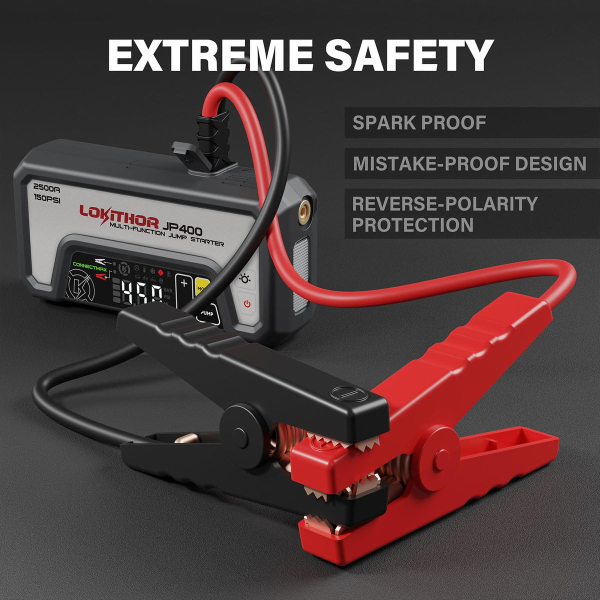 LOKITHOR JP400 inflating a car tire fast with accurate auto shut-off