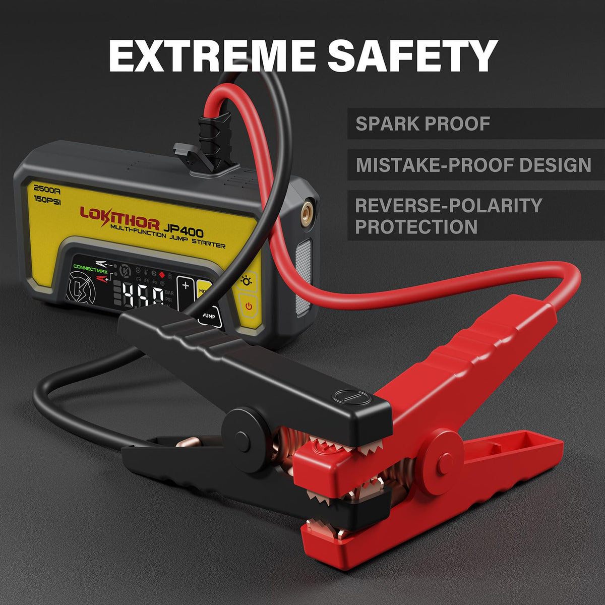 LOKITHOR JP400 inflating a car tire to preset pressure, fast roadside inflation benefit