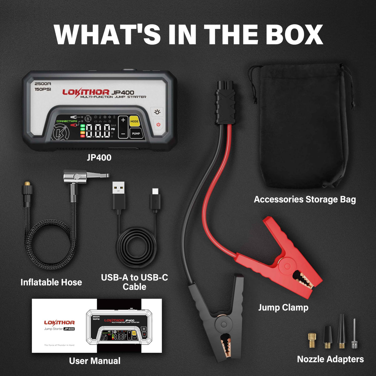 LOKITHOR JP400 unboxed with jumper cables adapters hose and bag