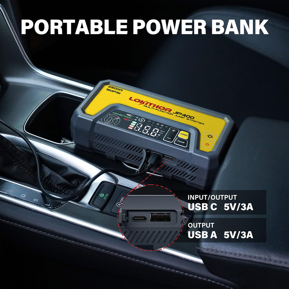 LOKITHOR JP400 charging a phone and laptop via USB ports, portable power on the go