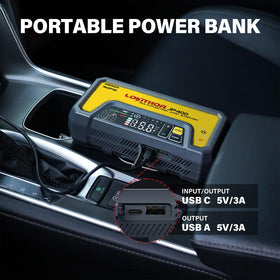 LOKITHOR JP400 charging a phone and laptop via USB ports, portable power on the go