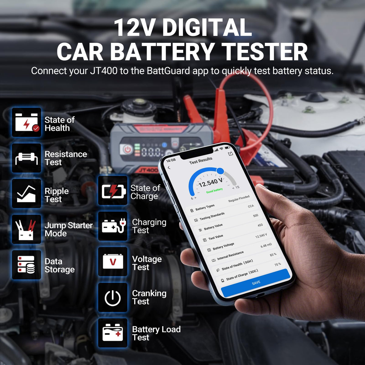 LOKITHOR JT400 mobile app battery screen showing SOH and SOC for real-time insight