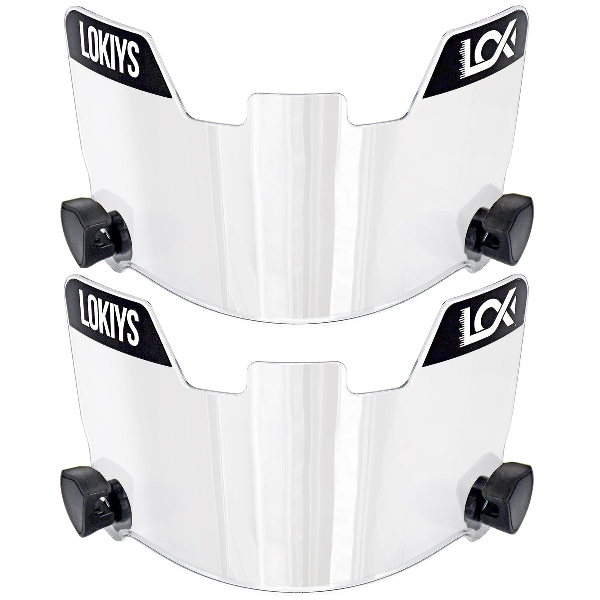 LOKIYS clear visor front packaging showing dual visors and clips for easy identification and protection