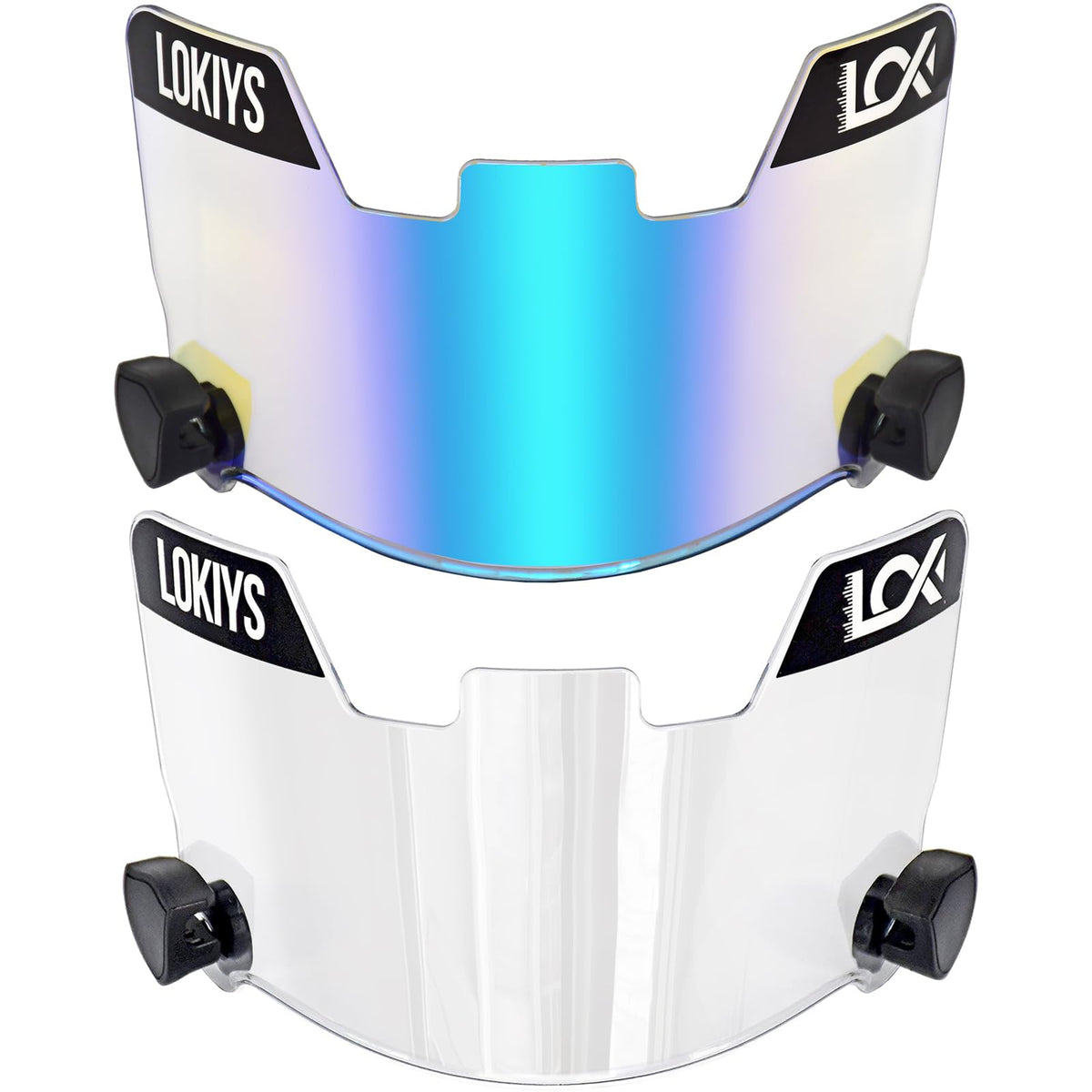 LOKIYS front view of two-visor package showing clear and clear-blue benefits
