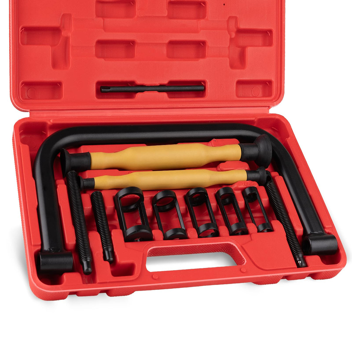 Loksun front view of C-clamp and carry case showing compact storage benefit