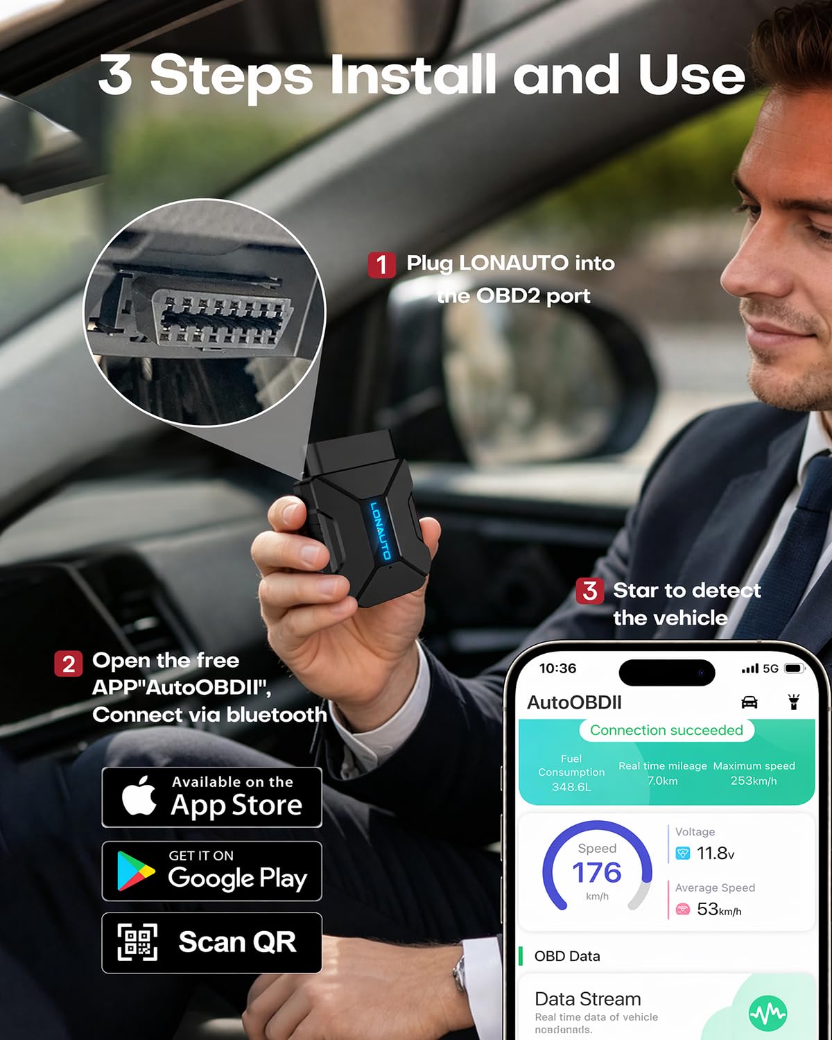LONAUTO LB03 plugged into car OBD port showing quick installation benefit