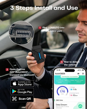 LONAUTO LB03 plugged into car OBD port showing quick installation benefit