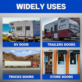 Lonffery installed on RV door showing stable hold and reduced door movement