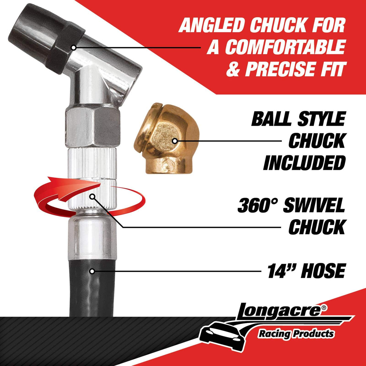 Longacre ball chuck attached showing secure seal on bent valve stems