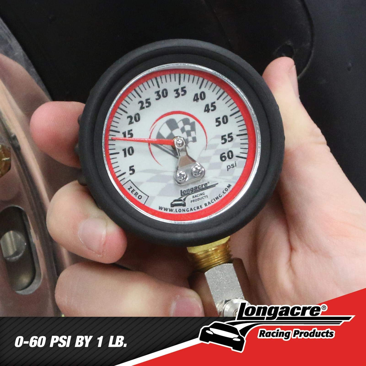 Longacre gauge held in hand for scale and portable garage convenience