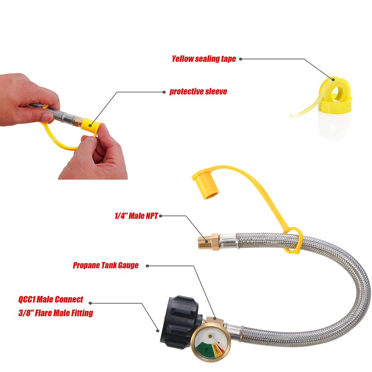LONGADS color-coded gauge dial visible on hose to quickly check propane level before travel