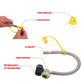 LONGADS color-coded gauge dial visible on hose to quickly check propane level before travel