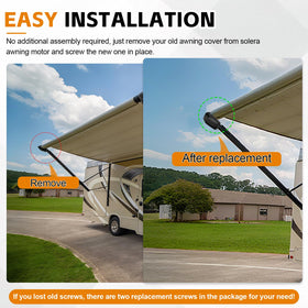 Lonsda cover installed on RV awning in campsite setting protecting motor components