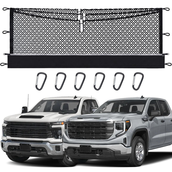 Lonyaqui cargo net installed in Silverado bed showing organized storage and quick access