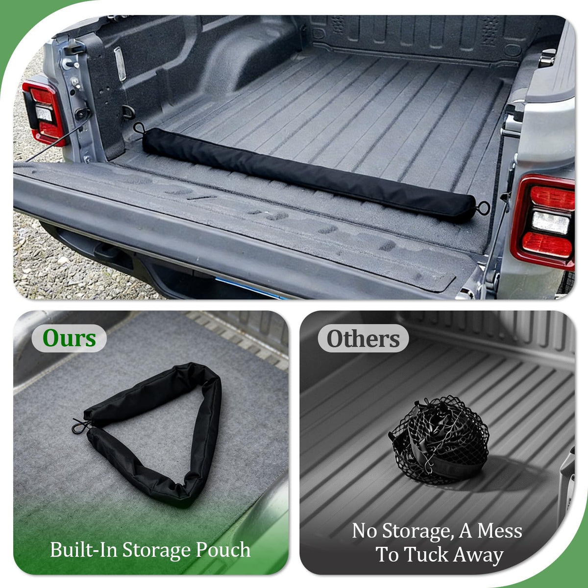 Lonyaqui net holding groceries and camping gear neatly in a pickup bed for tidy hauling