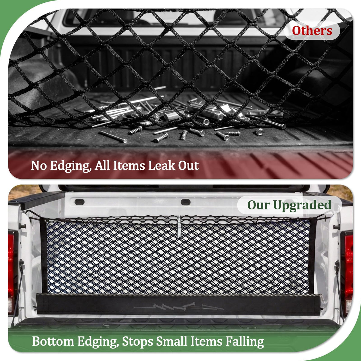 Lonyaqui cargo net beside a toolbox showing size and practical scale for truck owners