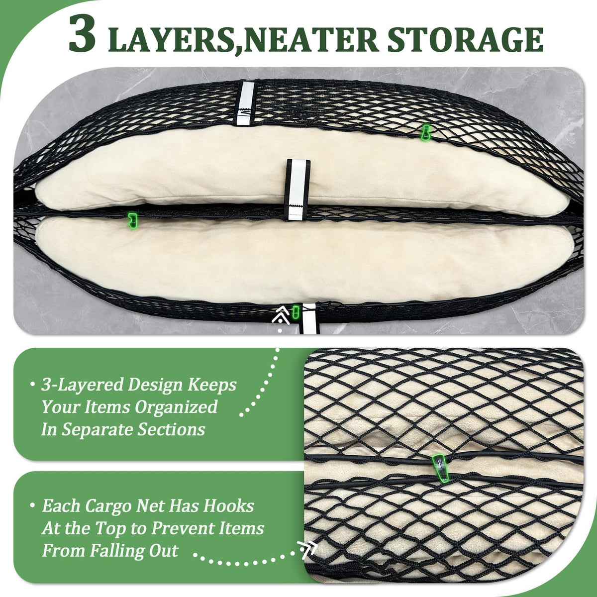 Lonyaqui cargo net folded into its integrated zippered pouch for compact storage