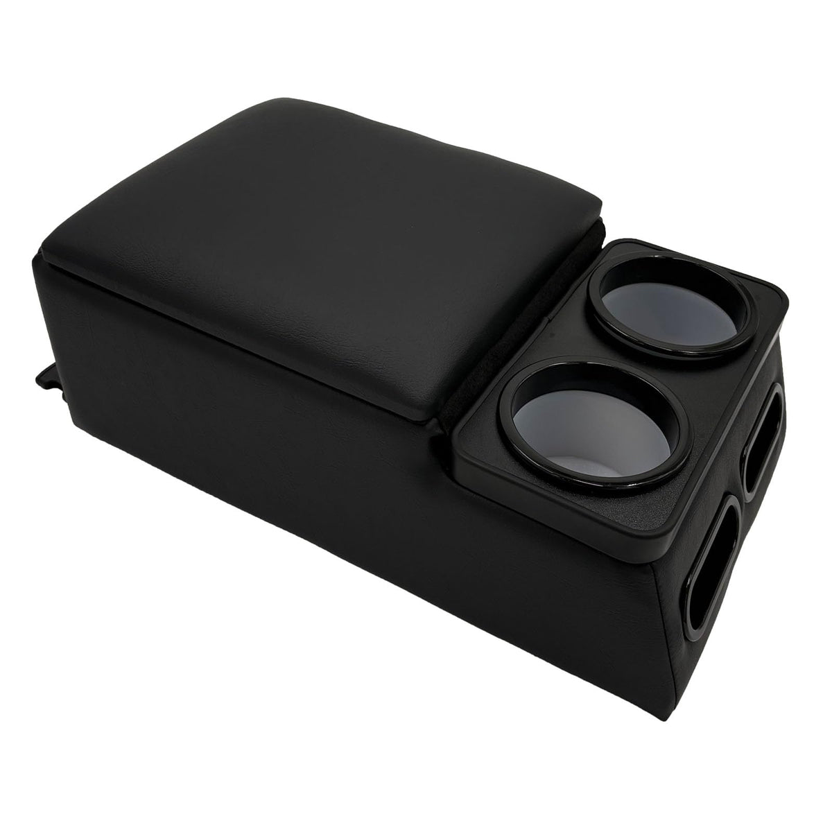 LOOYE front view of console showing cup holders and lid for organized storage