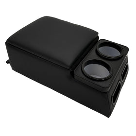 LOOYE front view of console showing cup holders and lid for organized storage
