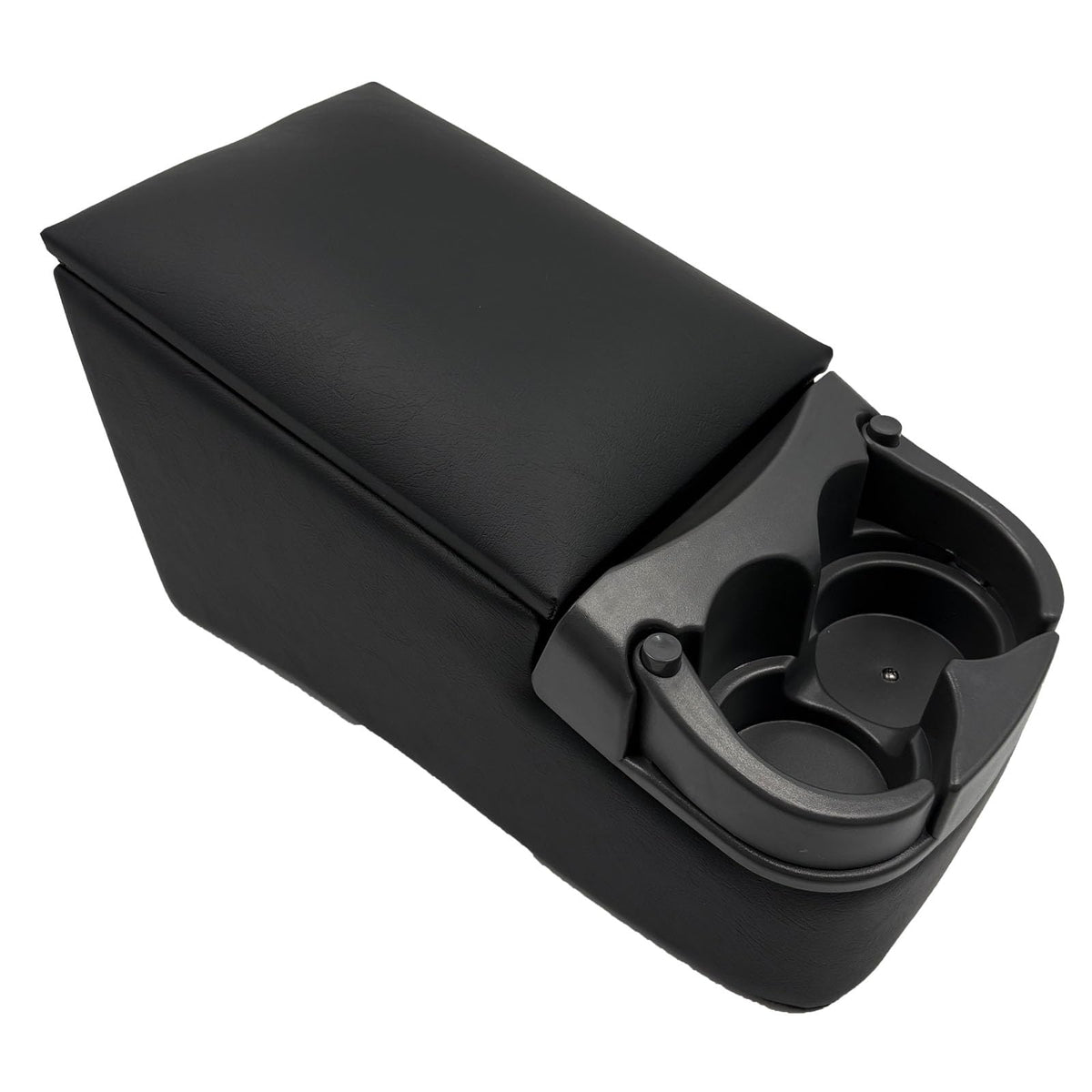 LOOYE front view of black bench seat console showing organized compartments and quick access