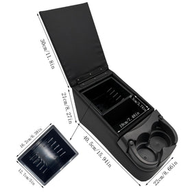 LOOYE console next to ruler to show compact scale and how it fits bench seat spaces