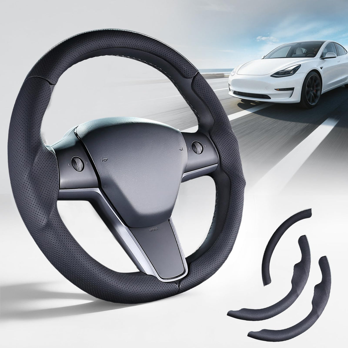 Lophnix front view installed on Tesla steering wheel shows precise fit and refreshed interior