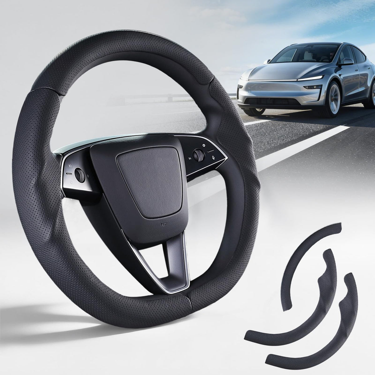 Lophnix front view of fitted steering wheel cover showing precise fit and sleek look