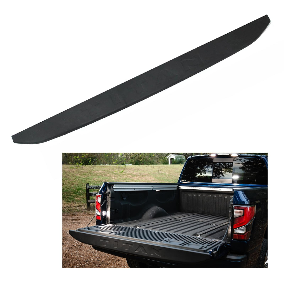 LOSTAR rear tailgate molding front view showing exact OEM fit and protection
