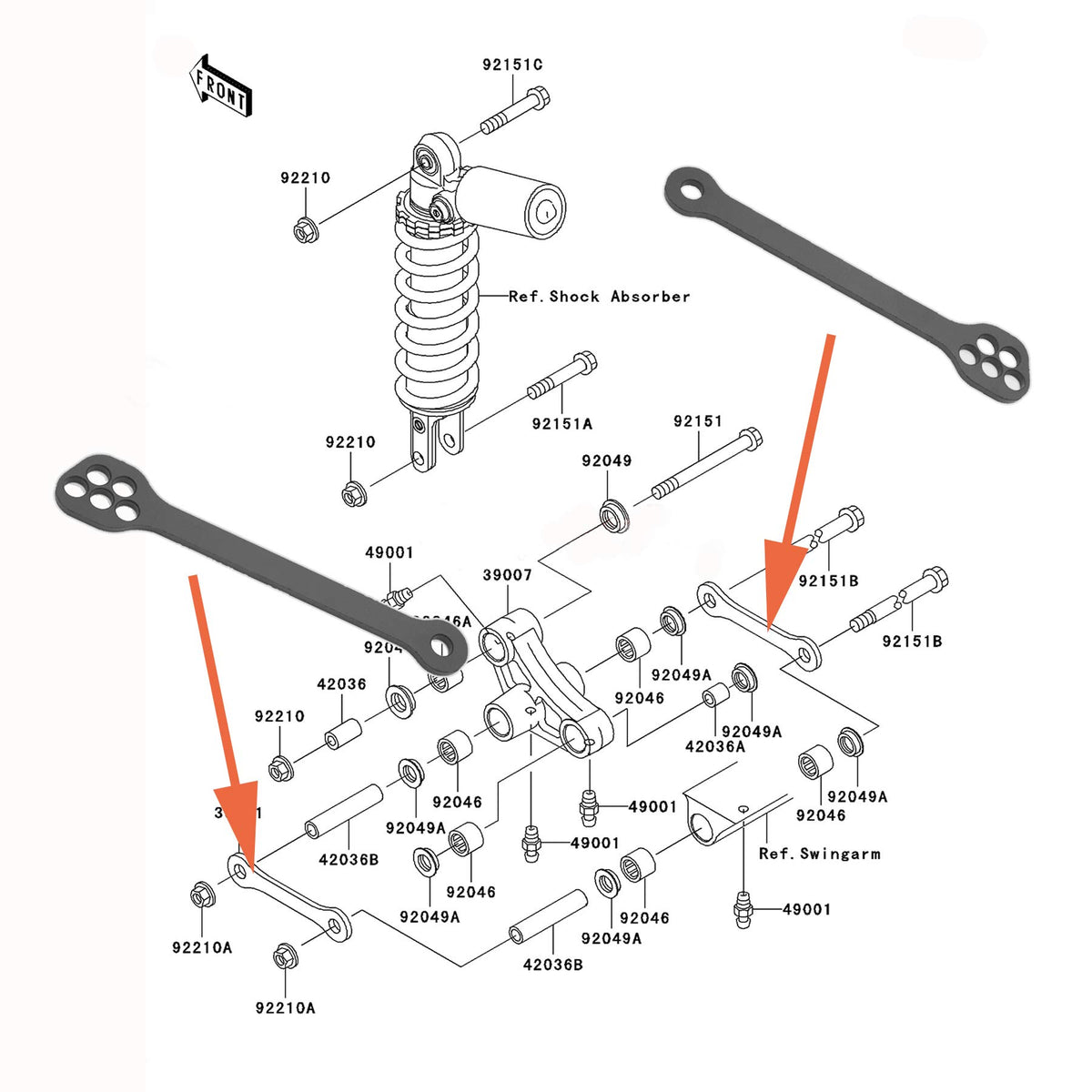 Kawasaki lowering links installed on swingarm side view improves handling